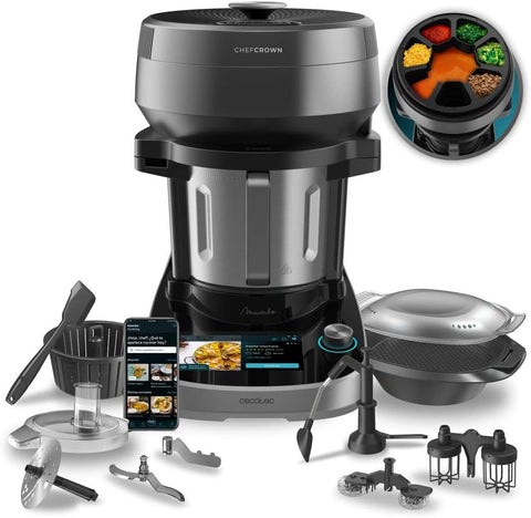Cecotec Robot de Cocina Multifunción con Dosificador de Alimentos Mambo CooKing Unique. 2200 W, 45 Funciones, Recetas Guiadas, Recipiente Único de 5L, Accesorios: Vaporera o Paleta para Guisos